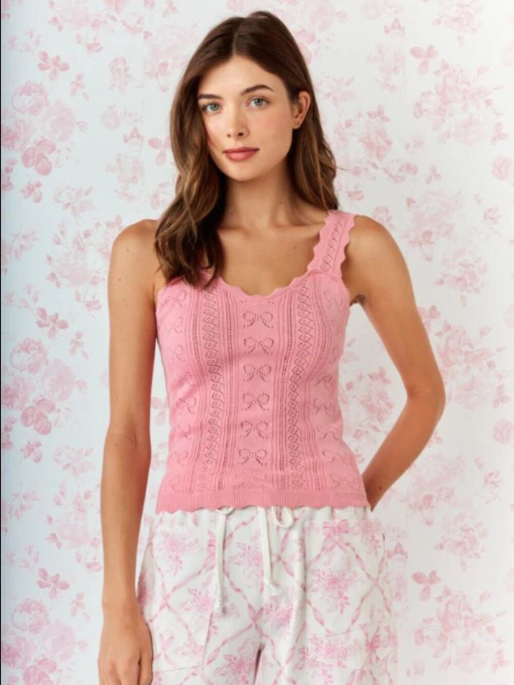 RARERAW Penelope pink pointelle bow knit tank